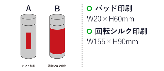 カラット／真空ステンレスマグボトル220ml（SNS-2700095）名入れ画像　パッド印刷　W20×H60mm　回転シルク印刷　W155×90mm