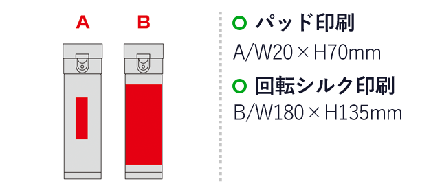 セルトナ・ワンタッチ式真空ステンレスボトル（SNS-0600960）名入れ画像　パッド印刷　A/W20×H70mm　回転シルク印刷　B/W180×H135mｍ