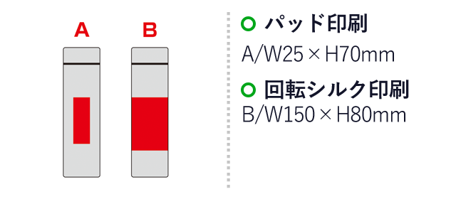 セルトナ・スタンダード真空ステンレスボトル（SNS-0600961）名入れ画像　パッド印刷　A/W25×H70mm　回転シルク印刷　B/W150×H80mm