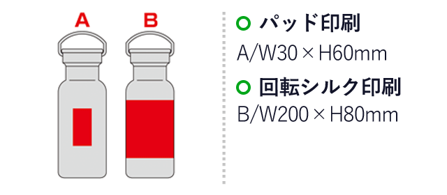 バンブーキャップ付き真空ステンレスボトル（SNS-0600966）名入れ画像　パッド印刷　A/W30×H60mm　回転シルク印刷　B/W200×80mm