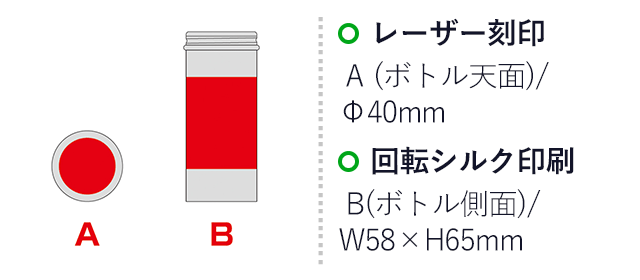 スノーツリー・ボトル入りひんやり涼感タオル（SNS-0601054）名入れ画像　レーザー刻印：A(ボトル天面)/Φ40ｍｍ　回転シルク印刷：B(ボトル側面)/W58×H65mm