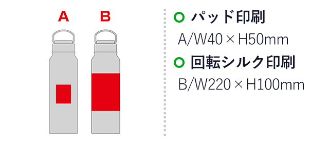 トゥーリフラスク・真空二重ステンレスボトル 1L（ハンドル付き）（SNS-0601076）名入れ画像　パッド印刷　A/W40×H50mm　回転シルク印刷　B/W220×H100mm