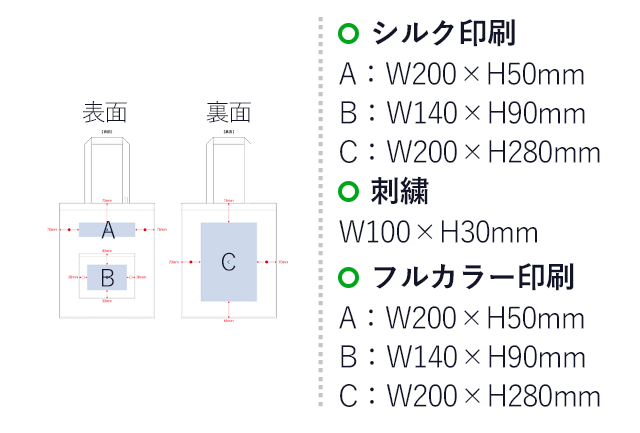 キャンバススクエアトート外ポケット付（SNS-0300519）名入れ画像　シルク印刷　A：W220×H120mm　B：W140×H90mm　C：W200×H280mm　刺繍　W100×H30mm　フルカラー印刷　A：W200×H50mm　B：W140×H90mm　C：200×280mm