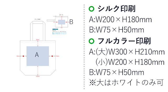 ポケッタブルトート（Ｍ）ポーチ付（SNS-0300527）名入れ画像　シルク印刷　A：W200×H180mm　B：W75×H50mm　フルカラー印刷　A：(大)W300×H210mm　(小)：200×H180mm　B：W75×H50mm　※大はホワイトのみ可