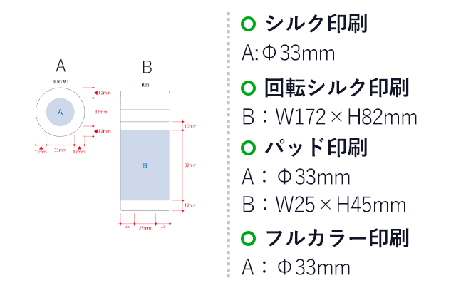 スリムサーモステンレスボトル２００ｍｌ　ｖｅｒ．２（SNS-0300552）名入れ画像　シルク印刷　A：φ33mm　回転シルク印刷　B：W172×H82mm　パッド印刷　A：φ33mm　B：W25×H45mm　フルカラー印刷　A：φ33mm