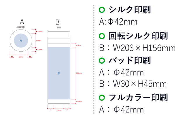 スリムサーモステンレスボトル５００ｍｌ　ｖｅｒ．２（SNS-0300554）名入れ画像　シルク印刷　A：φ42mm　回転シルク印刷　B：W203×H156mm　パッド印刷　A：φ42mm　B：W30×H45mm　フルカラー印刷　A：φ42mm