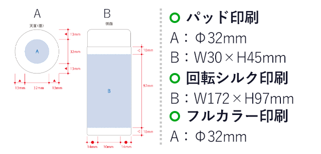 ステンレスサーモドリンクボトル２００ｍｌ（SNS-0300561）名入れ画像　パッド印刷　A：Φ32mm　B：W30×H45mm　回転シルク印刷　B：W172×H97mm　フルカラー印刷　A：Φ32mm　