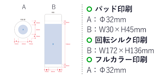 ステンレスサーモドリンクボトル２８０ｍｌ（SNS-0300562）名入れ画像　パッド印刷　A：Φ32mm　B：W30×H45mm　回転シルク印刷　B：W172×H136mm　フルカラー印刷　A：Φ32mm　