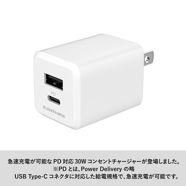 ＰＤ３０Ｗコンセントチャージャー　Ｃ＋Ａ（SNS-0300575）急速充電が可能なPD対応30Wコンセントチャージャーです