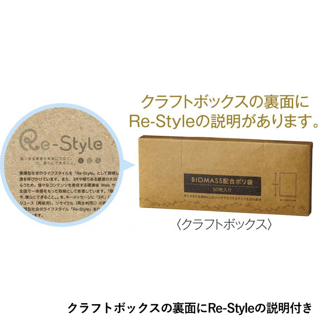 バイオマス配合ポリ袋50枚入（SNS-0700774）クラフトボックスの裏面にRe-Styleの説明付き