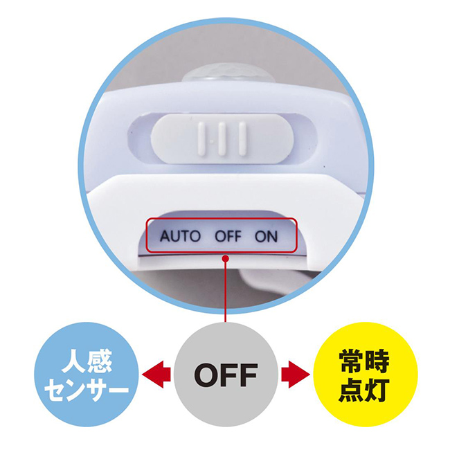 フック付き人感センサーライト（SNS-0700811）スイッチで人感センサー、常時点灯、OFFを切替可能